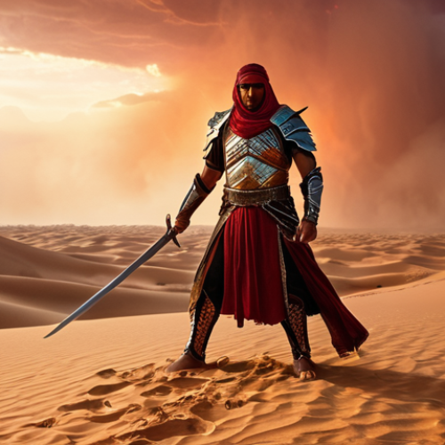 Home 4 **
"A majestic Arabic warrior, clad in ornate armor shimmering with elemental power (earth and water), stands defiantly against a fiery desert backdrop. Sand dunes stretch towards a crimson horizon, with a swirling sandstorm infused with water droplets. The warrior wields a scimitar crackling with elemental energy, ready to strike. The scene should evoke strength, resilience, and the fusion of opposing forces."
**