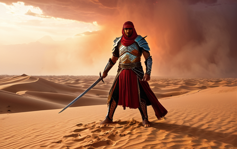 **

"A majestic Arabic warrior, clad in ornate armor shimmering with elemental power (earth and water), stands defiantly against a fiery desert backdrop. Sand dunes stretch towards a crimson horizon, with a swirling sandstorm infused with water droplets. The warrior wields a scimitar crackling with elemental energy, ready to strike. The scene should evoke strength, resilience, and the fusion of opposing forces."

**